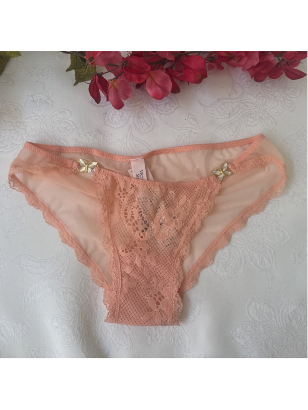 VICTORIA'S SECRET XS PINK BUTTERFLY CHARM RUCHED BACK BIKINI SUMMER PANTIES NWT